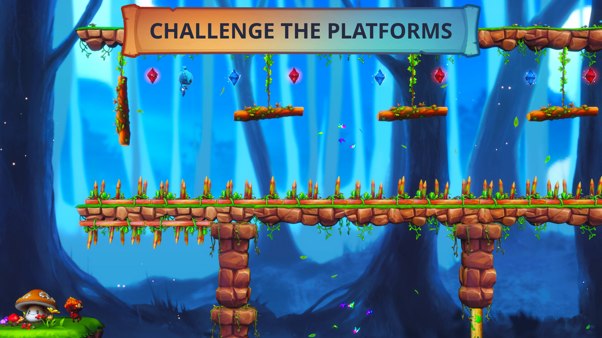 Floating red and blue crystals above a series of wood and grass platforms with a spike hazard below.