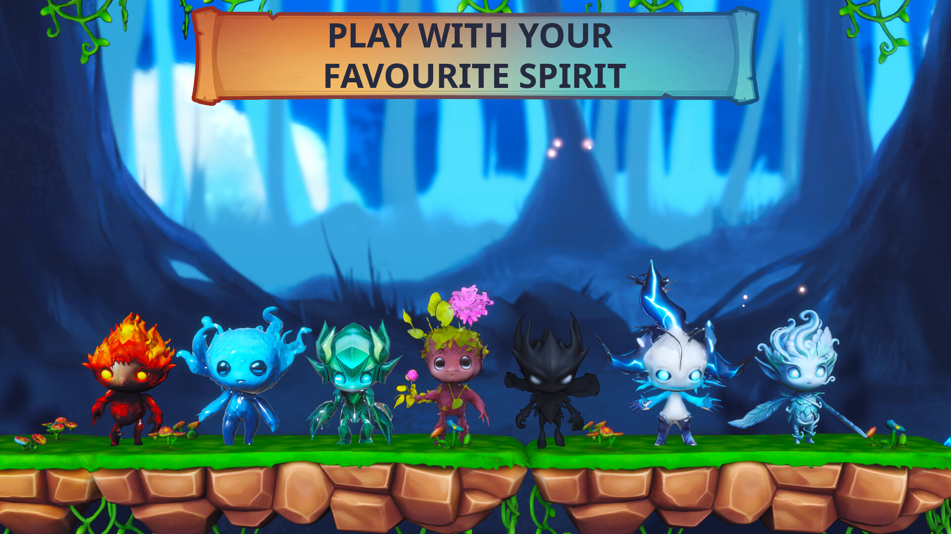 Seven forest spirit characters lined up on a grass platform: Fire, Water, Earth, Diamond, Shadow, Electricity, and Air.