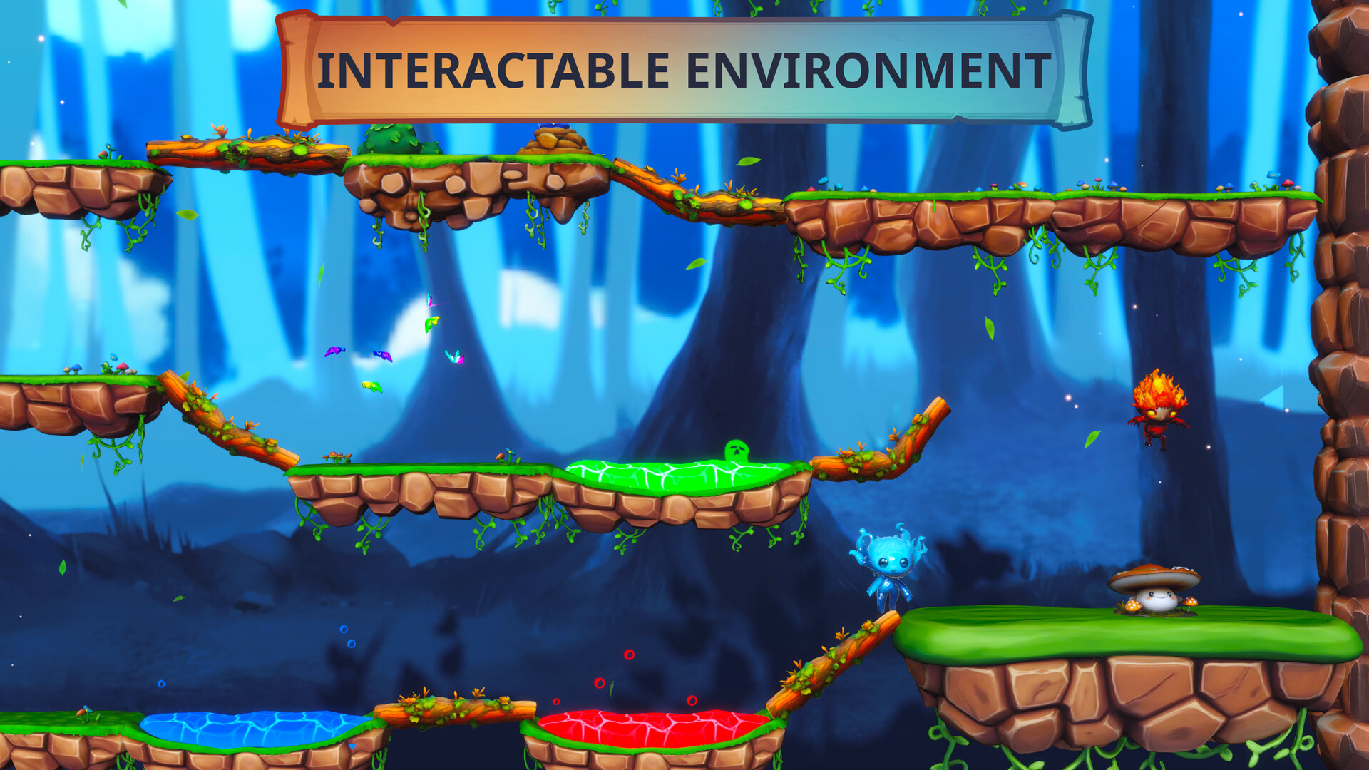 An interactable platforming environment showing a red lava pool, a blue water pool, green slime on a grass platform, and the water and fire spirits.