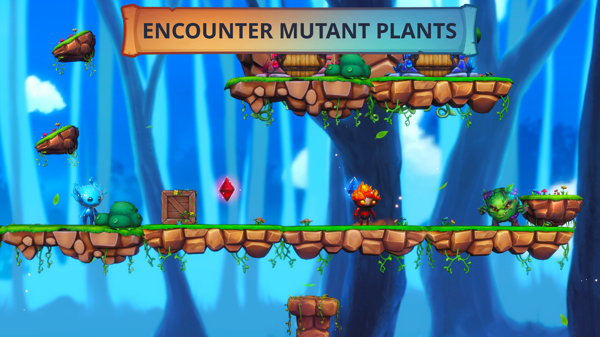 A green mutant plant enemy on the right side of a platform with a water spirit, a fire spirit, a wooden crate, and two crystals.