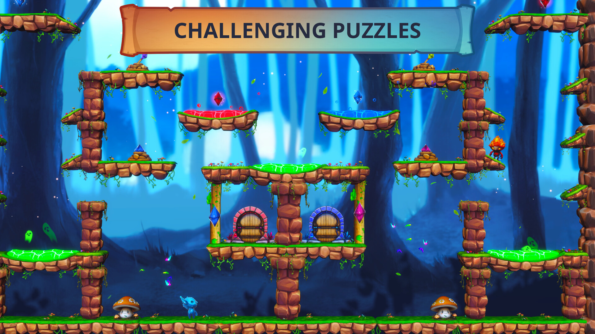 A puzzle-platformer level with red lava, green mud, blue water pools, and two character-specific wooden gates.